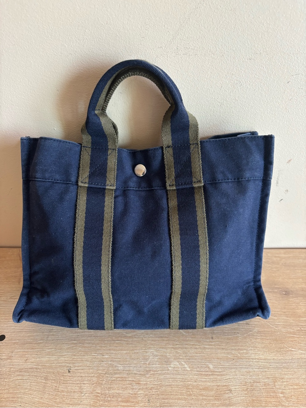 Navy Canvas Tote Bag with Olive Straps